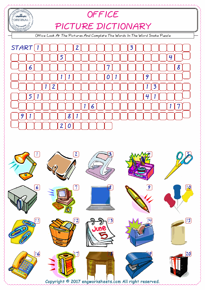  Check the Illustrations of Office english worksheets for kids, and Supply the Missing Words in the Word Snake Puzzle ESL play. 